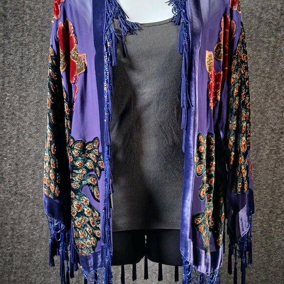 Embroidered Peacock Velvet Kimono Jacket with Beaded Fringe Hem - Picture 2 of 7